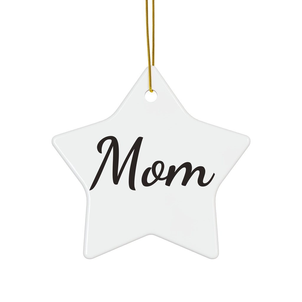 Personalized ceramic Christmas ornament in a star shape with the name Mom