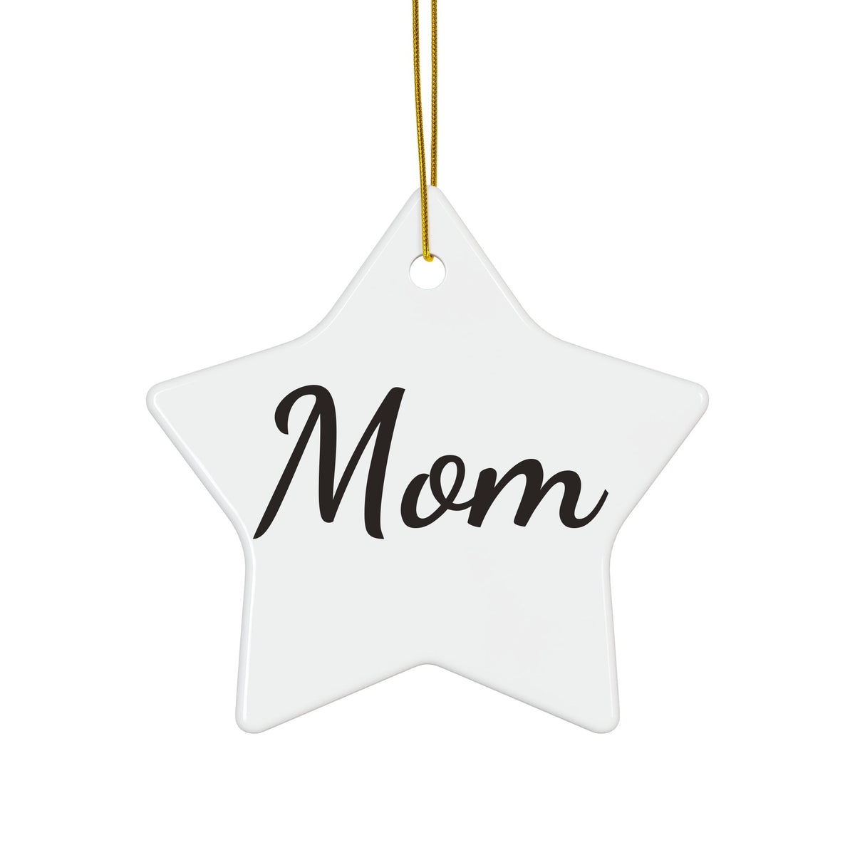 Personalized ceramic Christmas ornament in a star shape with the name Mom